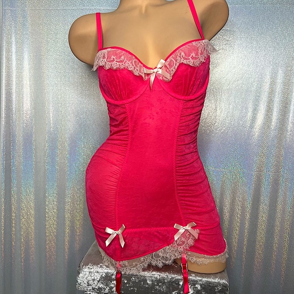 Victoria's Secret dress sexy chemise babydoll bows lace neon pink